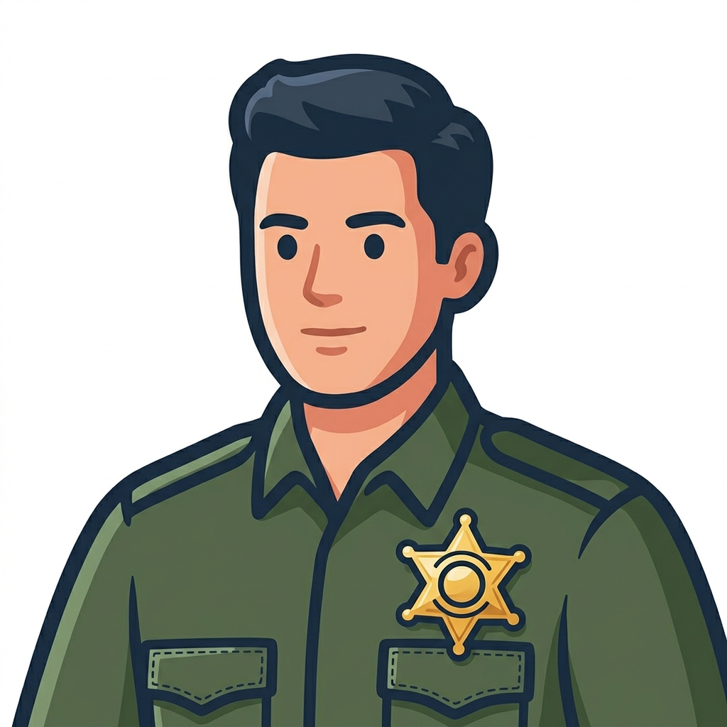 Cartoon character wearing a green sheriffs office uniform gold badge light complexion and thick black hair